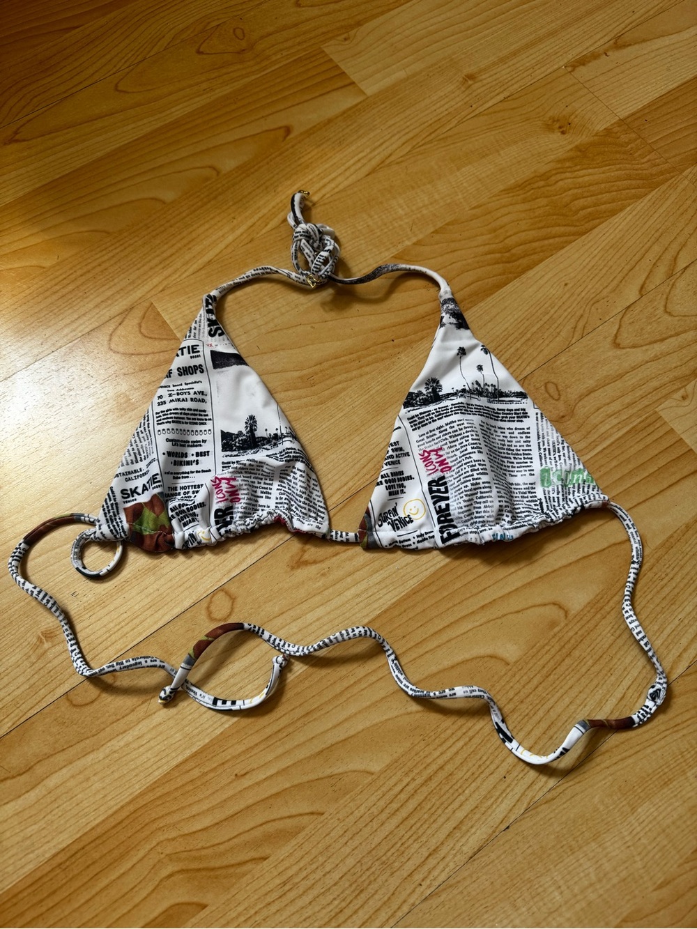 Skatie White and Black Newspaper-Print Triangle Bikini Top